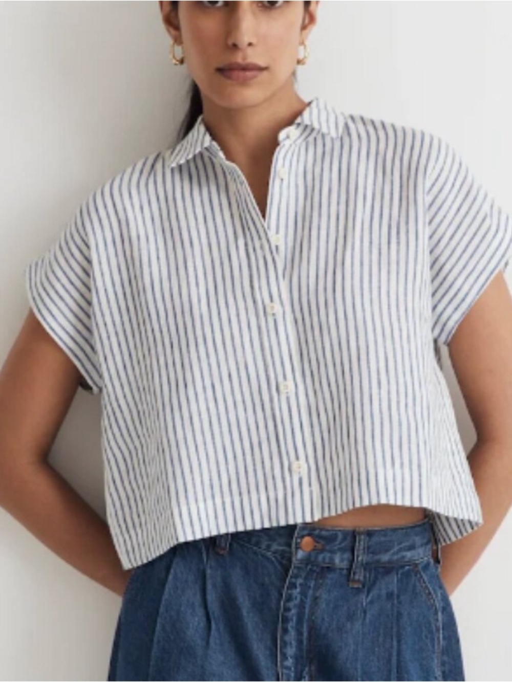 Madewell Dolman Blue and White Striped Cropped Button-Down Shirt